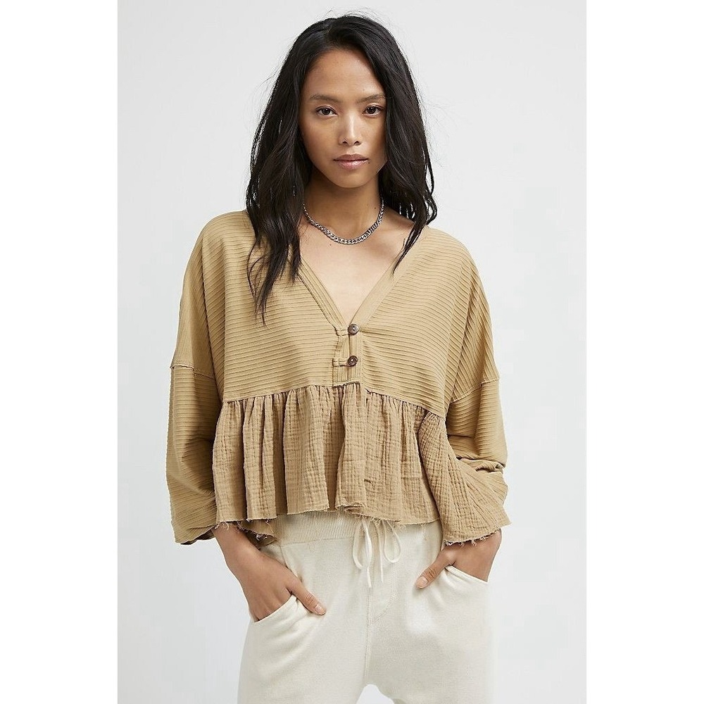 Free People Dallas Henley Top Native Land‎ Size XS Oversized Mixed Media Ruffle